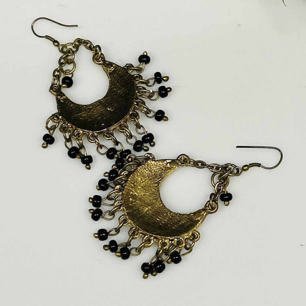Vintage Beaded Dangle Earrings Ethnic Tribe Chain Gypsy Black Antiqued Gold 1303 - Picture 4 of 6